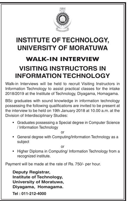 Visiting Instructor (Information Technology) - University of Moratuwa